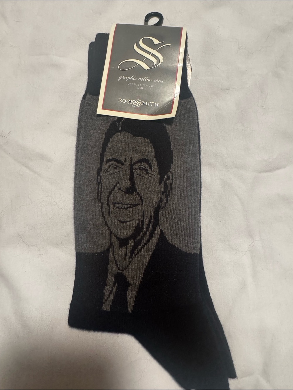Ronald Reagan image Socks by — Men's Crew Socks in Black and Gray